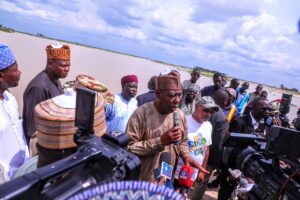 Borno State Governor, Babagana Zulum addressing newsmen shortly after assessing the Alau Dam in Maiduguri