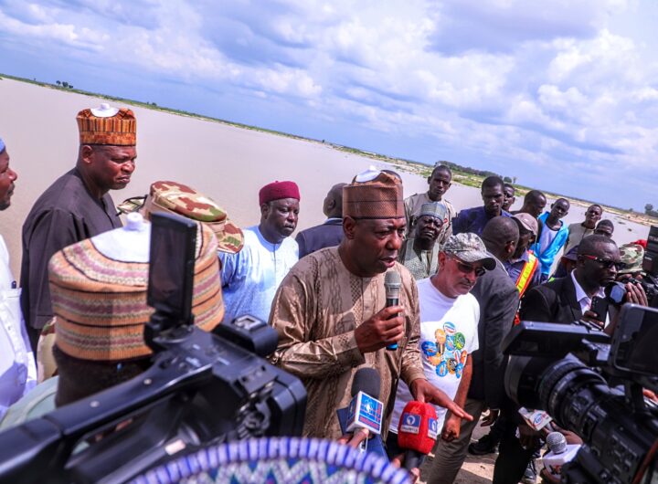 Borno State Governor, Babagana Zulum addressing newsmen shortly after assessing the Alau Dam in Maiduguri