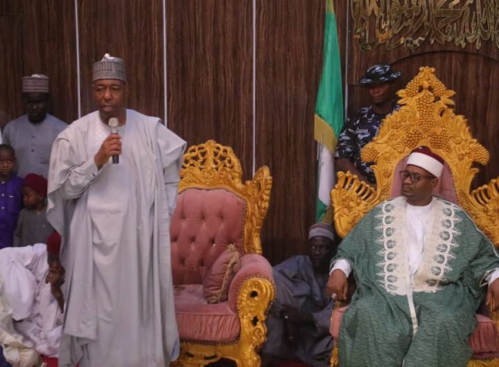 Borno State Governor, Babagana Zulum during a courtesy visit to the Shehu of Bama, Dr. Umar ibn Kyari Umar ElKanemi