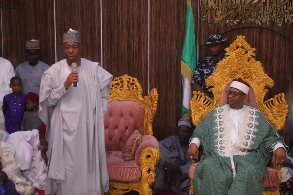 Borno State Governor, Babagana Zulum during a courtesy visit to the Shehu of Bama, Dr. Umar ibn Kyari Umar ElKanemi