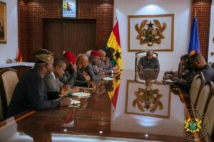 President John Mahama of Ghana in a meeting with Nigerian delegation led by the Minister of State for Foreign Affairs, Bianca Nigerian Minister of State for Foreign Affairs, Bianca Odumegwu-Ojukwu