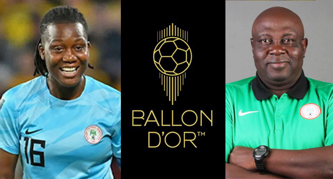Super Falcons goalkeeper Chiamaka Nnadozie and head coach Justine Madugu