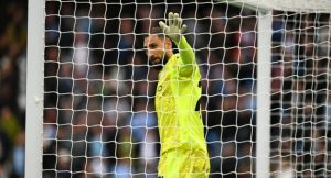 Manchester City’s Italian goalkeeper #25 Gianluigi Donnarumma keeps goal during the English Premier League football match between Manchester City and Manchester United at the Etihad Stadium in Manchester, north west England, on September 14, 2025. (Photo by Oli SCARFF / AFP)