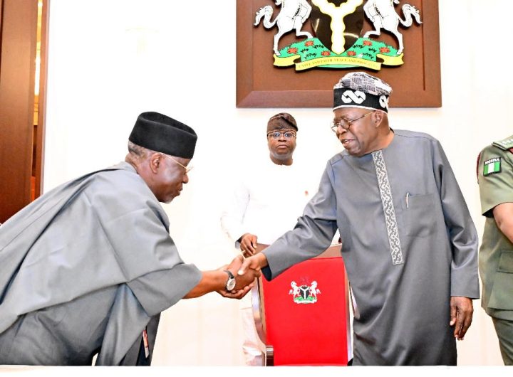 President Bola Tinubu in a handshake with the former Governor of Nasarawa State, Umaru Tanko Al-Makura.