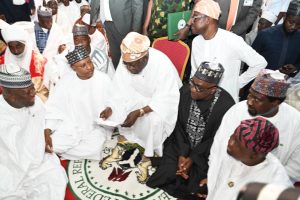President Bola Tinubu on Friday attended a Special Jumat prayer and wedding of Nasirudeen Yari, and Safiyya Shehu Idris at Sultan Bello Mosque in Kaduna. PHOTO Credit: State House
