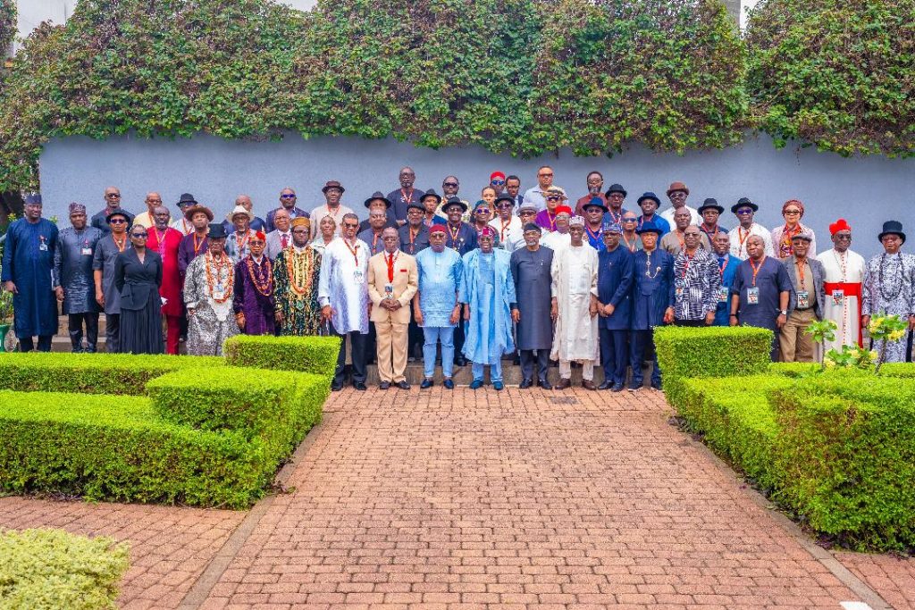 Tinubu receives Ogoni dialogue report, awards posthumous honors to Ogoni 4 3 President Bola Tinubu in a group photograph with members of the Presidential Committee on the Ogoni Consultations during a meeting I'm meeting