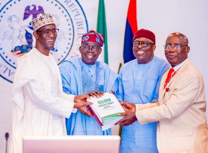 President Bola Ahmed Tinubu received the Report on Ogoni Consultations in the State House, Wednesday, September 24, 2025. Photo shows National Security Adviser, Mallam Nuhu Ribadu, President Bola Ahmed Tinubu, Governor of Rivers State, Siminalayi Fubara and Chairman, Ogoni Dialogue Committee, Prof. Don Baridam at the ceremony.