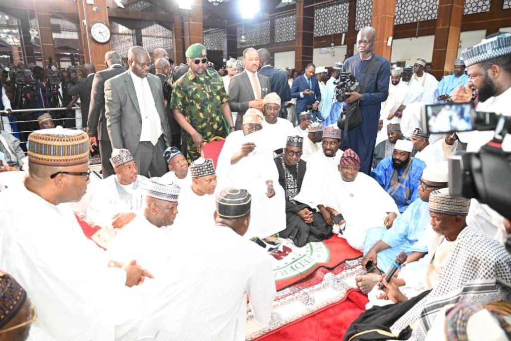 President Bola Tinubu on Friday attended a Special Jumat prayer and wedding of Nasirudeen Yari, and Safiyya Shehu Idris at Sultan Bello Mosque in Kaduna. PHOTO Credit: State House