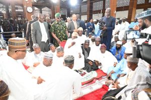 President Bola Tinubu on Friday attended a Special Jumat prayer and wedding of Nasirudeen Yari, and Safiyya Shehu Idris at Sultan Bello Mosque in Kaduna. PHOTO Credit: State House