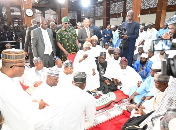 President Bola Tinubu on Friday attended a Special Jumat prayer and wedding of Nasirudeen Yari, and Safiyya Shehu Idris at Sultan Bello Mosque in Kaduna. PHOTO Credit: State House