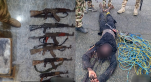 Recovered AK-47 rifles and one of the eliminated ISWAP terrorists