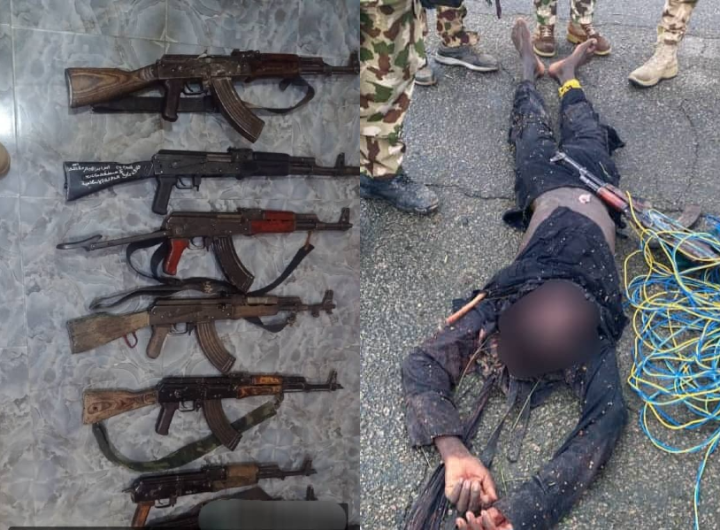 Recovered AK-47 rifles and one of the eliminated ISWAP terrorists