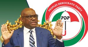 FCT Minister, Nyesom Wike and PDP logo