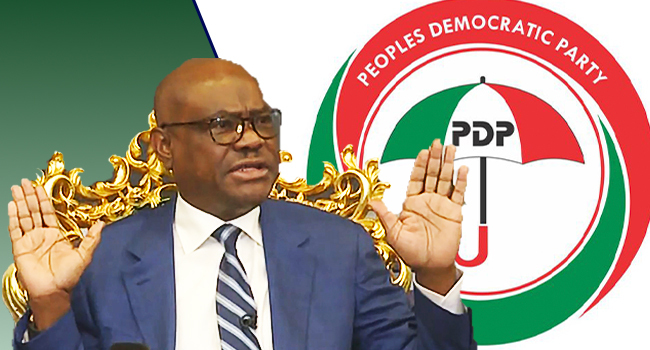 FCT Minister, Nyesom Wike and PDP logo