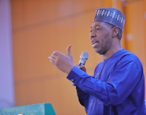 Borno State Governor, Babagana Zulum speaking during the flag-off of the APC Northeast e-registration workshop in Maiduguri.