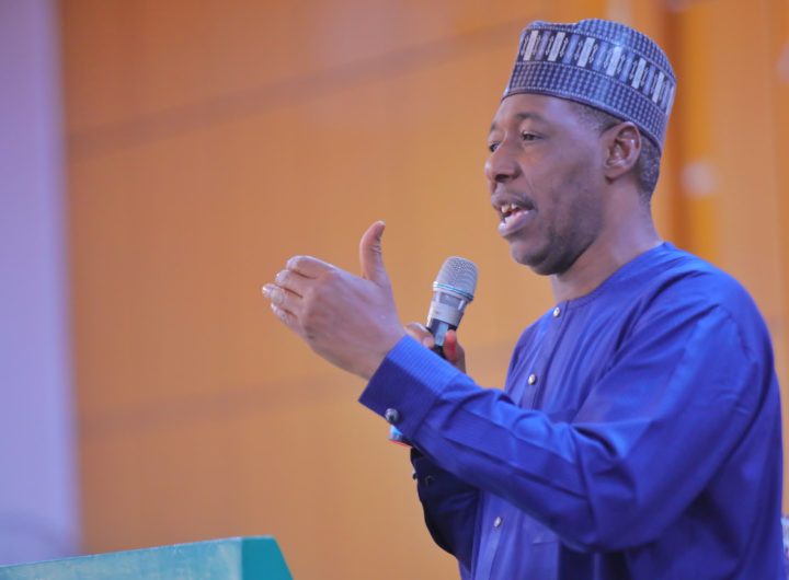 Borno State Governor, Babagana Zulum speaking during the flag-off of the APC Northeast e-registration workshop in Maiduguri.