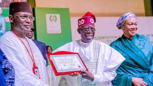 President Bola Tinubu, Nigerian First Lady, Oluremi Tinubu and outgoing INEC chairman, Mahmood Yakubu