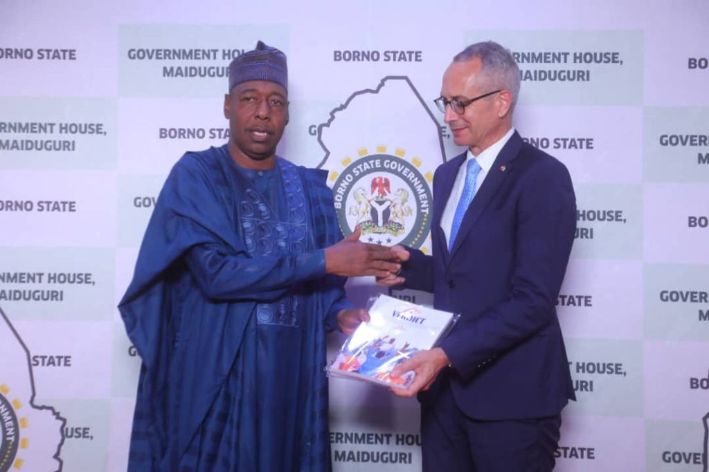 Borno State Governor, Babagana Zulum and the Swiss Ambassador to Nigeria, Mr Patrick Egloff, during a courtesy visit at the Government House Maiduguri