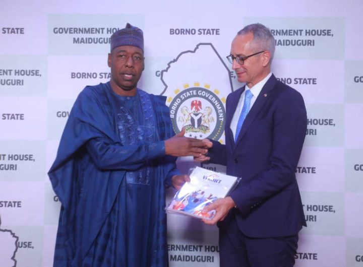 Borno State Governor, Babagana Zulum and the Swiss Ambassador to Nigeria, Mr Patrick Egloff, during a courtesy visit at the Government House Maiduguri