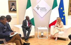 President Bola Ahmed Tinubu with Italian Prime Minister, Giorgia Meloni, during a bilateral meeting at the Gallaeria Nazionale d' Arte Moderna e Contemporanea,Rome, Italy on Wednesday. Photo State House.