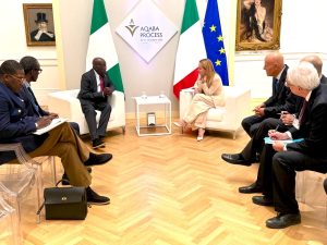 President Bola Ahmed Tinubu with Italian Prime Minister, Giorgia Meloni, during a bilateral meeting at the Gallaeria Nazionale d' Arte Moderna e Contemporanea,Rome, Italy on Wednesday. Photo State House.