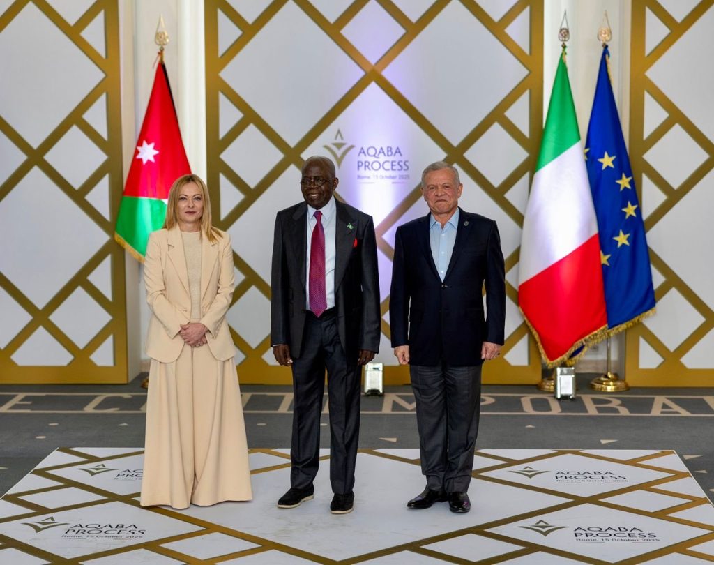 President Bola Ahmed Tinubu met with the Prime Minister of Italy, Giorgia Meloni, and His Majesty King Abdullah II of Jordan on the sidelines of the Aqaba Process Heads of State and Government-Level Meeting held in Rome, Italy. PHOTO credit: State House.

