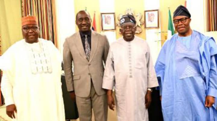 President Bola Tinubu, Senate President, Godswill Akpabio and the 2 lawmakers who defected to APC— Agom Jarigbe of Cross River North and Kaila Samaila Dahuwa of Bauchi North — at the Presidential Villa, Abuja.
