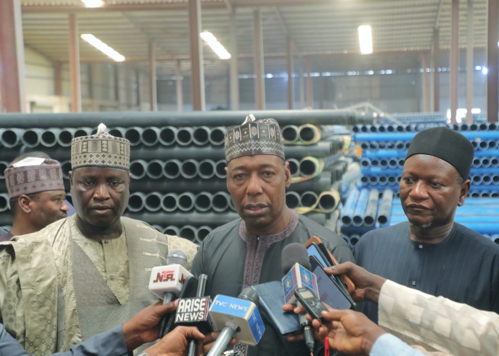 Zulum addressing the press on Thursday during an inspection tour of Borno Plastic Factory located in the new Maiduguri Industrial Area.