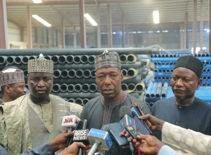 Zulum addressing the press on Thursday during an inspection tour of Borno Plastic Factory located in the new Maiduguri Industrial Area.
