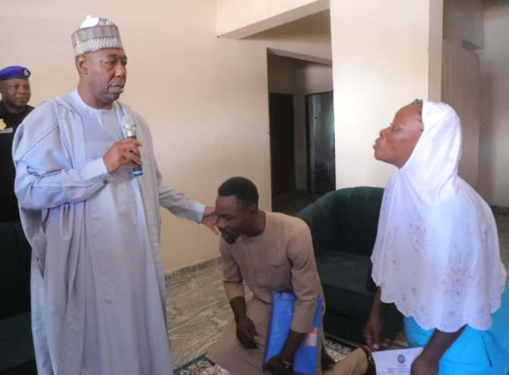Gov. Zulum presents a furnished two-bedroom house to Igbo health worker, Mrs. Marbel Ijeoma Duaka, for her dedicated service; her son Anthony also receives automatic employment."