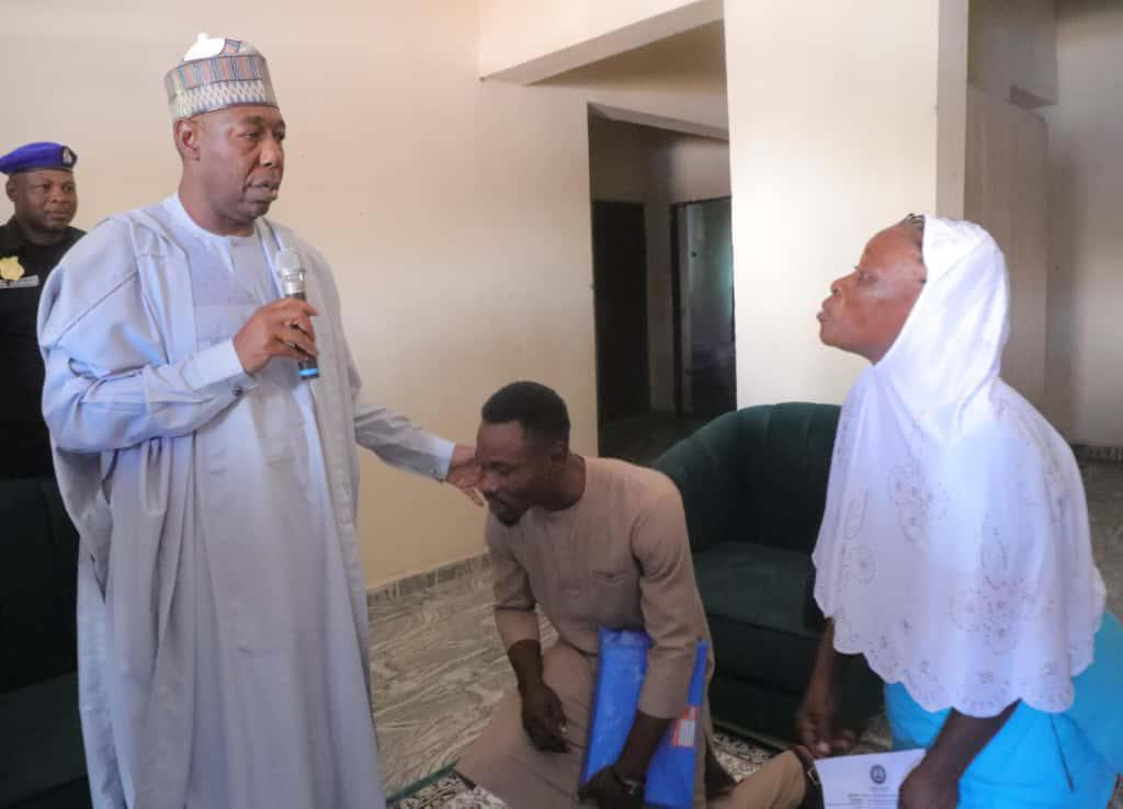 Gov. Zulum presents a furnished two-bedroom house to Igbo health worker, Mrs. Marbel Ijeoma Duaka, for her dedicated service; her son Anthony also receives automatic employment."