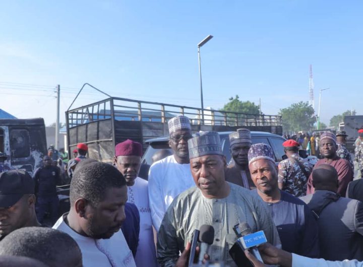 Borno State Governor, Babagana Zulum addressing newsmen in Mafa Town