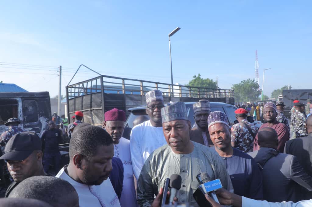 Borno State Governor, Babagana Zulum addressing newsmen in Mafa Town