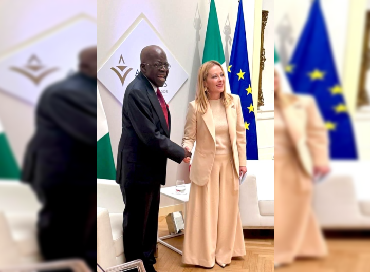 President Bola Ahmed Tinubu with Italian Prime Minister, Giorgia Meloni, during a bilateral meeting at the Gallaeria Nazionale d' Arte Moderna e Contemporanea,Rome, Italy on Wednesday. Photo State House.
