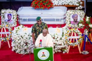 President Bola Tinubu speaking on Saturday during the funeral service of Lydia Yilwatda Goshwe, mother of the National Chairman of the All Progressives Congress (APC), Dr. Nentawe Yilwatda.