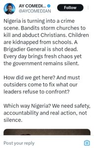 AY post on insecurity in Nigeria