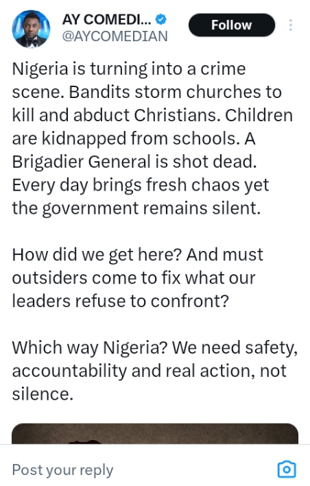 “Nigeria turning into crime scene” — Comedian AY 2 AY post on insecurity in Nigeria