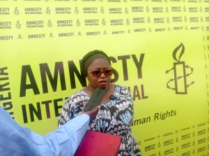 Programme Manager of Amnesty International Nigeria, Barbara Shittraan Magahi, addressing newsmen in Maiduguri