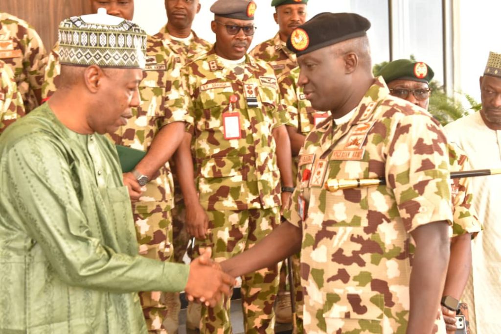 COAS visits Borno, charges troops to sustain vigilance, aggressive posture 3 COAS Shaibu Wahidi and Borno State Governor, Babagana Zulum during a courtesy visit in Maiduguri