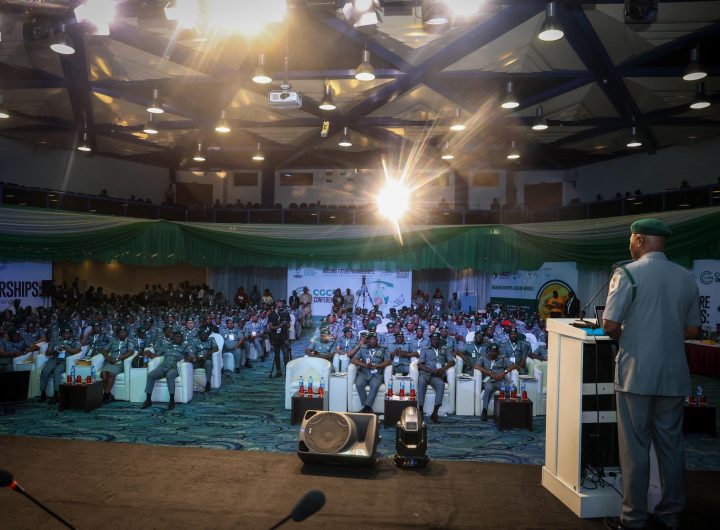 Comptroller-General of Customs, Adewale Adeniyi, addressing customs officers during the closing session of the CGC’s 2025 Conference in Abuja.