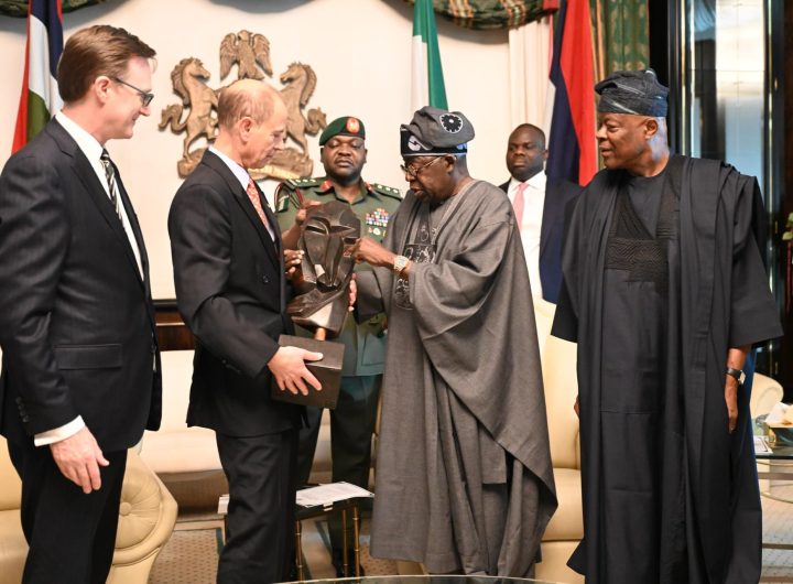 From left: British High Commissioner to Nigeria, Sir Richard Montgomery; Duke of Edinburgh, Prince Edward; President Bola Ahmed Tinubu and Minister of Finance and Coordinating Minister of the Economy, Wale Edun during the President Tinubu audience with Prince Edward at the Presidential Villa Abuja on Monday. Photo: State House