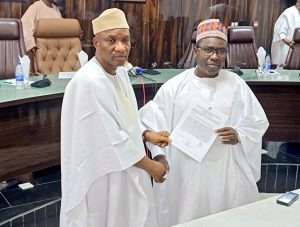 INEC chairman, Joash Amupitan, and Prof. Rahmon Tella, the Resident Electoral Commissioner for Oyo State.