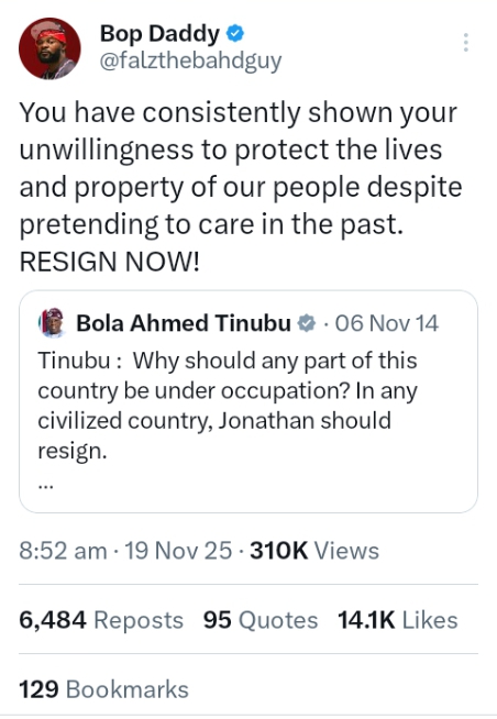 Resign Now! Falz fires back at President Tinubu, resurfaces old tweet on insecurity 2 Screenshot 20251119 122714 1