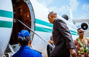 Vice President Kashim Shettima on boarding a presidential aircraft. Photo credit: State House