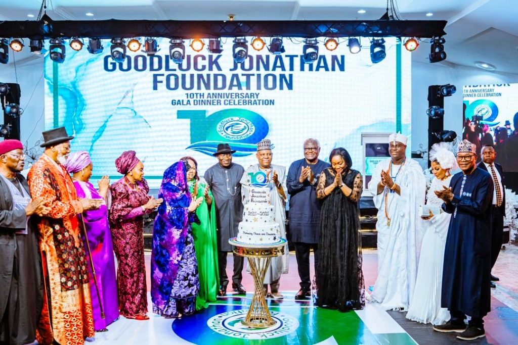 At the Goodluck Jonathan Foundation's 10th anniversary event in Abuja, President Bola Ahmed Tinubu @officialABAT, represented by Vice President Kashim Shettima @officialSKSM , joined former President Goodluck Jonathan, his wife and former First Lady, Dame Patience Jonathan, alongside other high-profile dignitaries to celebrate the foundation's achievements in promoting democracy . Photo credit: State House