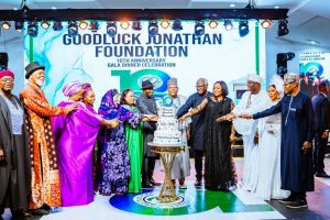 Tinubu hails Jonathan at foundation’s 10th anniversary4 1 At the Goodluck Jonathan Foundation's 10th anniversary event in Abuja, President Bola Ahmed Tinubu @officialABAT, represented by Vice President Kashim Shettima @officialSKSM , joined former President Goodluck Jonathan, his wife and former First Lady, Dame Patience Jonathan, alongside other high-profile dignitaries to celebrate the foundation's achievements in promoting democracy . Photo credit: State House
