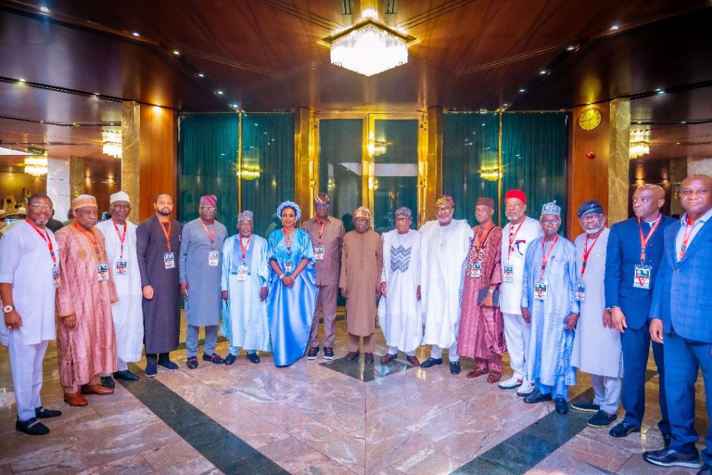 President Bola Ahmed Tinubu receives Abubakar E. Momoh, Minister of Regional Development, and Uba Maigari Ahmadu, Minister of State, in the company of the chairmen and chief executives of the seven regional development commissions, at the State House on Monday, 10 November 2025.