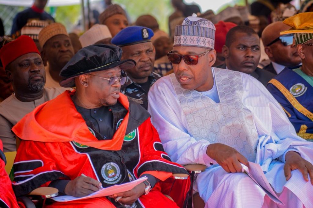 Zulum, Shehu of Borno, in Mubi for Indimi’s 17th honorary degree investiture 3 L-R: Adamawa State Governor, Ahmadu Fintiri and Borno State Governor, Babagana Zulum