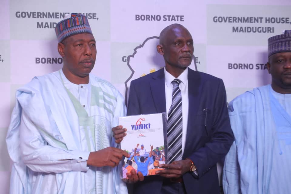 Borno State Governor, Babagana Zulum and the Director-General of the Legal Aid Council, Barrister Aliyu Bagudu Abubakar, during a courtesy visit at the Government House in Maiduguri. 