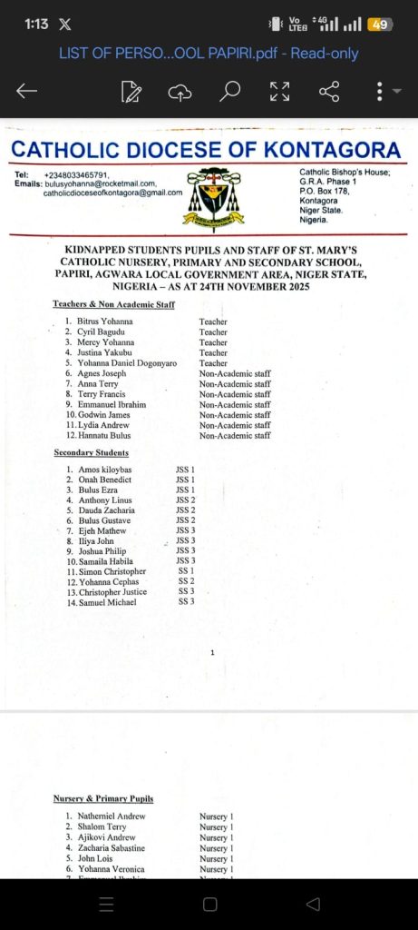 Full list of 265 pupils and staff of St. Mary’s Catholic School kidnapped by bandits in Niger State 2 bandits abduct students in niger State d